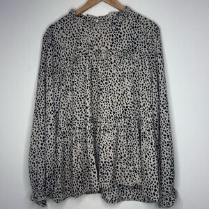 black white high-neck blouse ruffled long sleeves with ruffled smocked cuffs XL